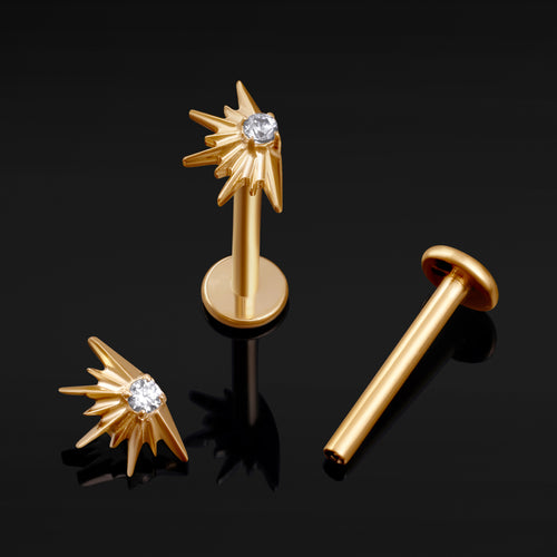 Gold Jewelled Sunburst Internally Threaded Titanium Labret Stud 1.2mm Gauge