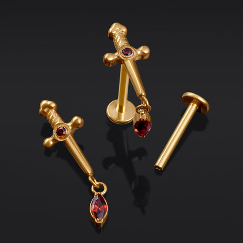 Red Jewelled Gold Sword Dangle Internally Threaded Titanium Labret Stud 1.2mm Gauge