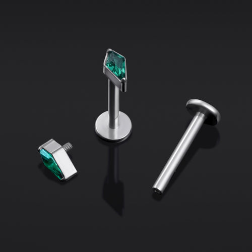 Labret Stud, Silver, Rhombus Cut with Green CZ Stone, Internally Threaded, Titanium, 1.2mm Gauge