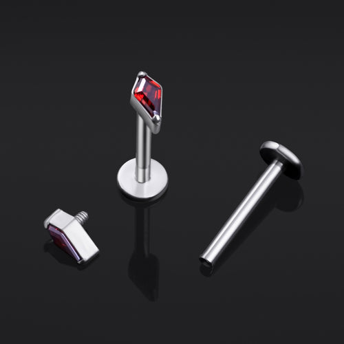 Labret Stud, Silver, Rhombus Cut with Red CZ Stone, Internally Threaded, Titanium, 1.2mm Gauge