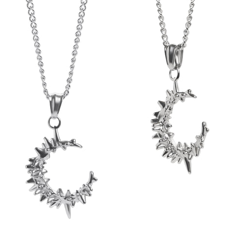 Silver Spiked Crescent Moon Pendant Necklace