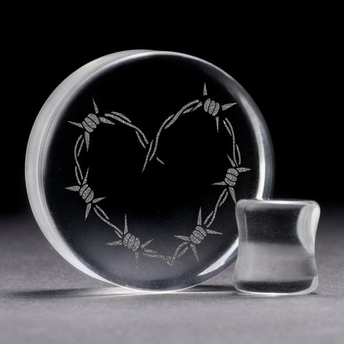 Stacheldraht Herz Tattoo Plug / Gauge - Klares Glas | Flache Doppelkonische Gesichtsform