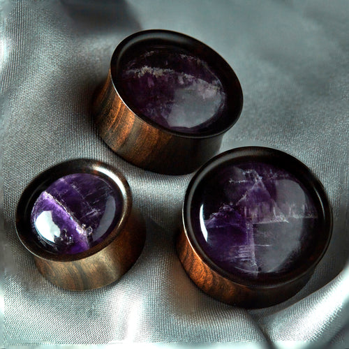 Amethyst Stone Inlay Ebony Wood Ear Plug / Gauge