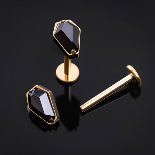 Titanium Internally Threaded Gold Coffin Labret Stud with Black Gem