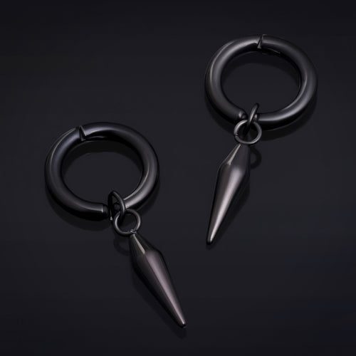 Stainless Steel Black Clip On Hoop Earrings With Spike Dangle (Pair)