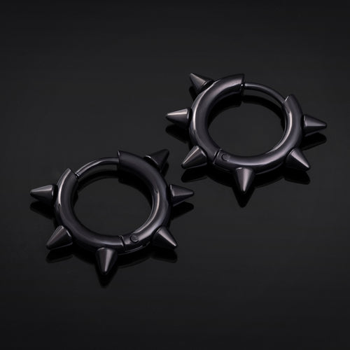 Stainless Steel Black Spiked Huggie Hoop Earrings (Pair)