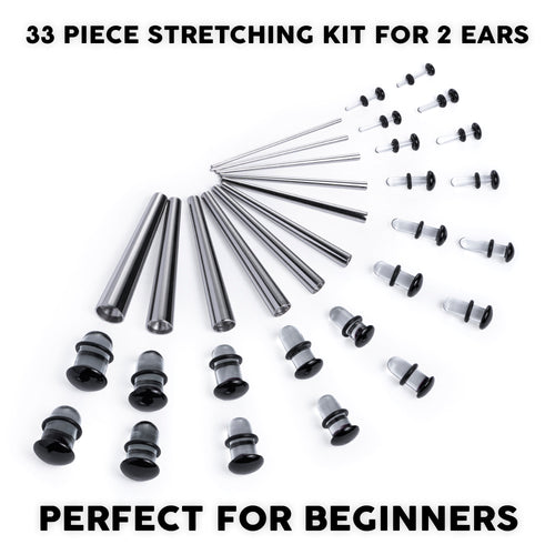 Beginners Ear Stretching Kit for Ears - 33 Piece Pack - Includes Surgical Steel Tapers & Clear - Black Glass Plug / Gauge