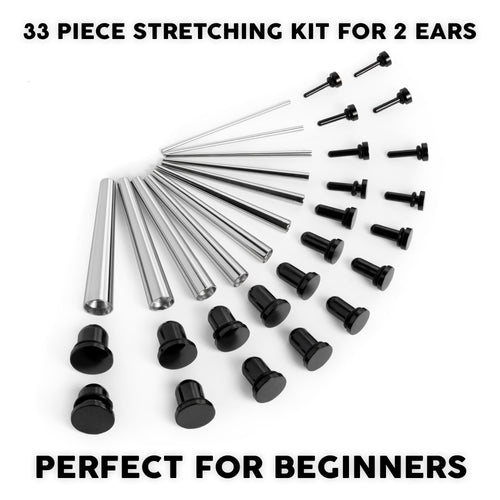 Beginners Ear Stretching Kit for Ears - 33 Piece Pack - Includes Surgical Steel Tapers & Black Steel Plug / Gauge