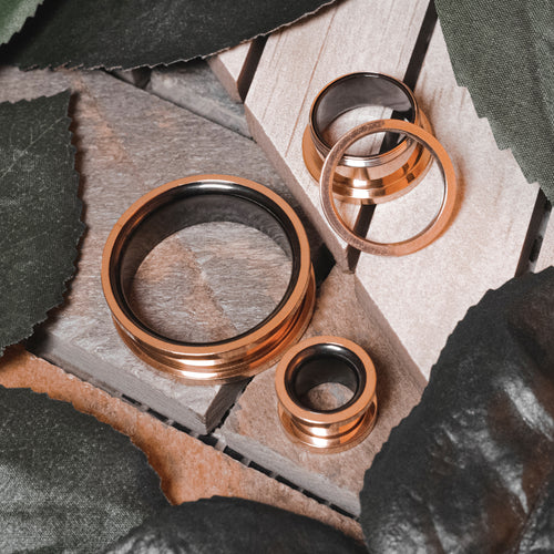 Black Inlay Rose Gold Screwback Stainless Steel Tunnel
