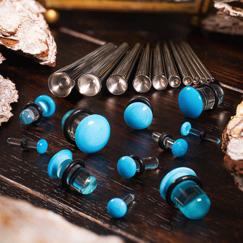 Beginners Ear Stretching Kit for Ears - 22 Piece Pack - Includes Surgical Steel Tapers & Clear - Blue Glass Plug / Gauge