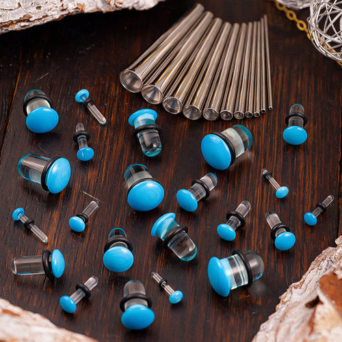 Beginners Ear Stretching Kit for Ears - 33 Piece Pack - Includes Surgical Steel Tapers & Clear - Blue Glass Plug / Gauge
