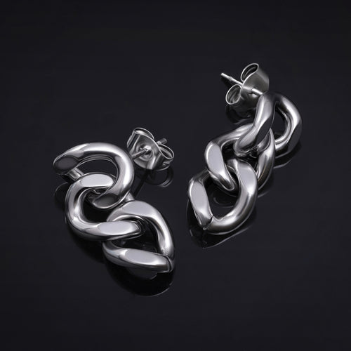 316L Stainless Steel Silver Chain Link Dangle Stud Earrings (Pair)