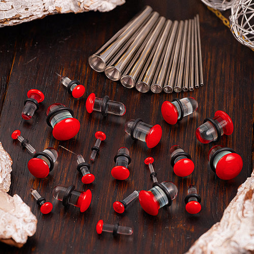 Beginners Ear Stretching Kit for Ears - 33 Piece Pack - Includes Surgical Steel Tapers & Clear - Red Glass Plug / Gauge