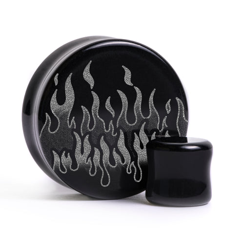 90er Retro Flammen Plug / Manometer - Schwarzes Glas | Flache Doppelkonische Ausführung