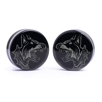Angry Doberman Dog Plug / Gauge - Black Glass | Flat Faced Double Flare