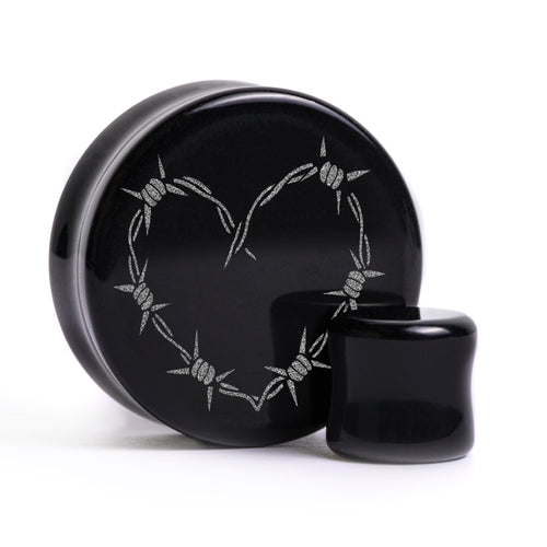 Stacheldraht-Herz-Tattoo Plug/Gauge - Schwarzes Glas | Doppelt Flare mit flacher Oberfläche