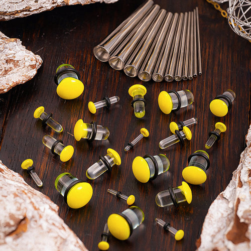 Beginners Ear Stretching Kit for Ears - 33 Piece Pack - Includes Surgical Steel Tapers & Clear - Yellow Glass Plug / Gauge