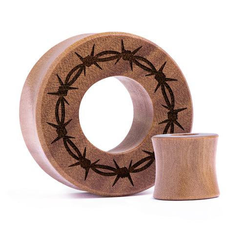 Barbed Wire Tunnel Plug / Gauge - Saba Wood | Flat Faced Double Flare