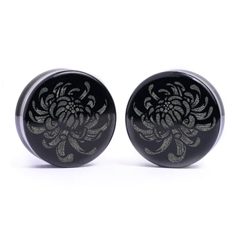 Chrysanthemenblume Plug / Manschette - Schwarzes Glas | Flache Doppelkonische Ausweitung