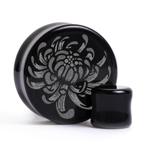Chrysanthemenblume Plug / Manschette - Schwarzes Glas | Flache Doppelkonische Ausweitung