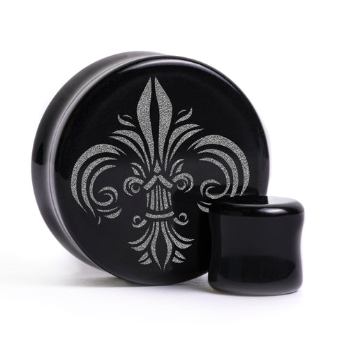 Fleur De Lis Lilly Plug / Gauge - Black Glass | Flat Faced Double Flare
