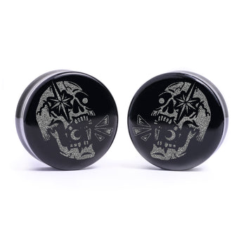Enlightened Skull Plug / Gauge - Black Glass | Flat Faced Double Flare