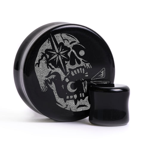 Enlightened Skull Plug / Gauge - Black Glass | Flat Faced Double Flare