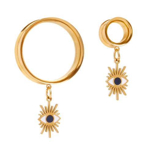 Eye Of Revelation Charm Gold Steel Double Flared Tunnel Dangle / Plug / Gauge