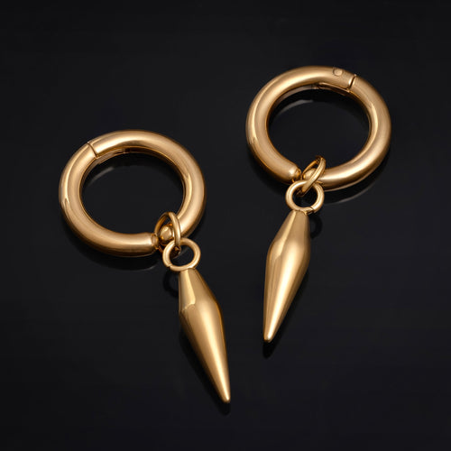 Stainless Steel Gold Clip On Hoop Earrings With Spike Dangle (Pair)