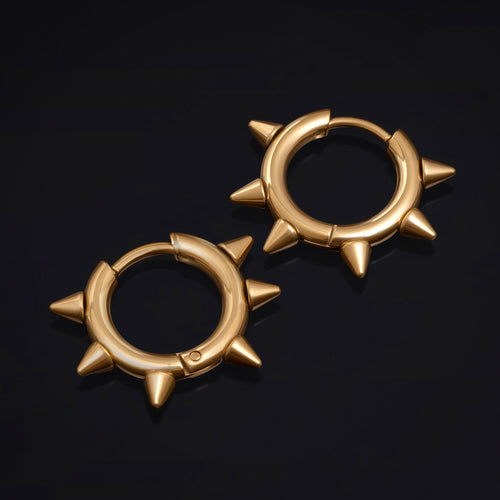 Stainless Steel Gold Spiked Huggie Hoop Earrings (Pair)