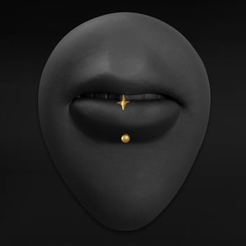 Gold Four Pointed Star Vertical Labret Internally Threaded Titanium Curved Barbell 1.2mm Gauge