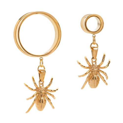 Gold Spider Charm Gold Steel Double Flared Tunnel Dangle / Plug / Gauge