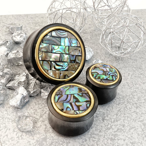 Gold Mosaic Abalone Wood Ear Plug / Gauge