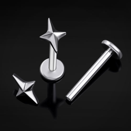 Titanium Internally Threaded Silver Four Pointed Star Labret Stud 1.2mm Gauge