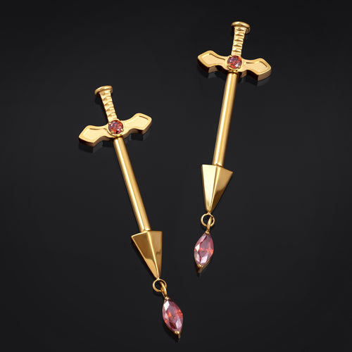 Titanium Threadless Gold Red Jewelled Sword Nipple Bar 1.6mm