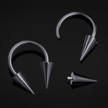 Horseshoe Barbell, Black, Gothic Spiked Cone, Internally Threaded, Titanium