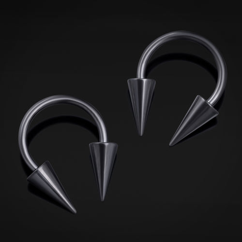 Horseshoe Barbell, Black, Gothic Spiked Cone, Internally Threaded, Titanium