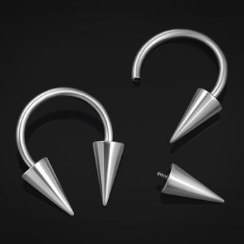 Horseshoe Barbell, Silver, Gothic Spiked Cone, Internally Threaded, Titanium