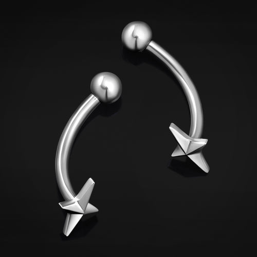 Silver Four Pointed Star Vertical Labret Internally Threaded Titanium Curved Barbell 1.2mm Gauge