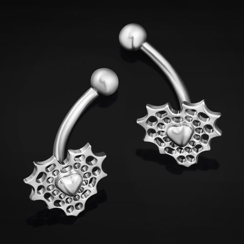 Silver Webbed Heart Vertical Labret Internally Threaded Titanium Curved Barbell 1.2mm Gauge