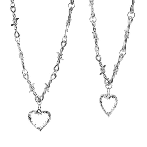 Silver Barbed Wire Necklace with Spiked Heart Dangle