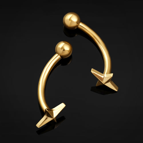 Gold Four Pointed Star Vertical Labret Internally Threaded Titanium Curved Barbell 1.2mm Gauge