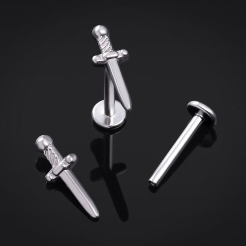 Titanium Internally Threaded Silver Dagger Labret Stud 1.2mm Gauge