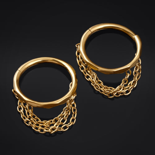 Gold Triple Chain Dangle ASTM F136 Titanium Segment Clicker Nose Helix Ear Ring