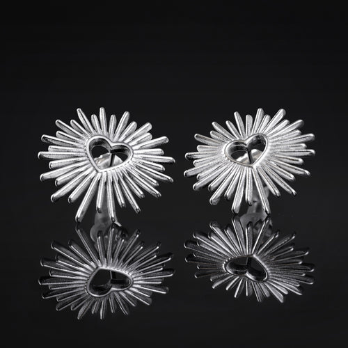 316L Stainless Steel Silver Sunburst Heart Stud Earrings (Pair)