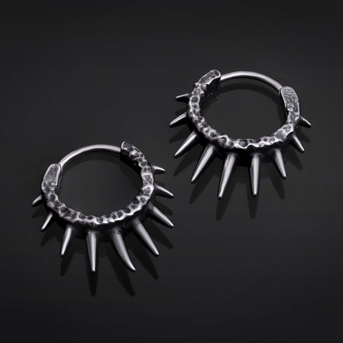 Hammered Stainless Steel Gothic Black Spiked Huggie Hoop Earrings (Pair)
