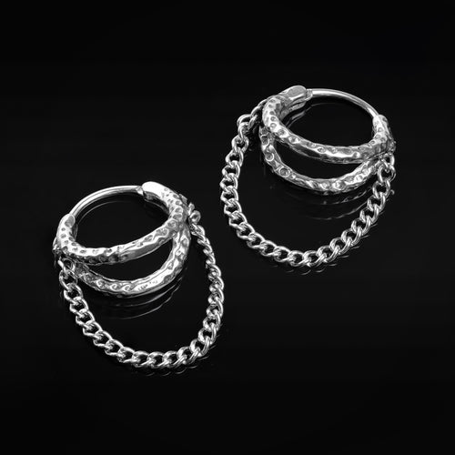 Hammered Stainless Steel Silver Double Hoop Earrings With Chain Dangle (Pair)