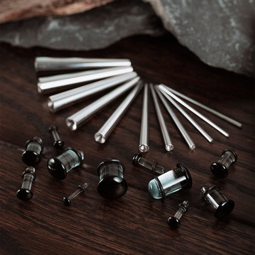 Beginners Ear Stretching Kit for Ears - 22 Piece Pack - Includes Surgical Steel Tapers & Clear - Black Glass Plug / Gauge