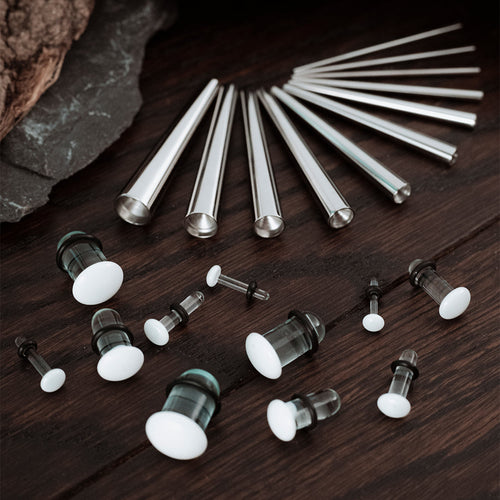 Beginners Ear Stretching Kit for Ears - 22 Piece Pack - Includes Surgical Steel Tapers & Clear - White Glass Plug / Gauge