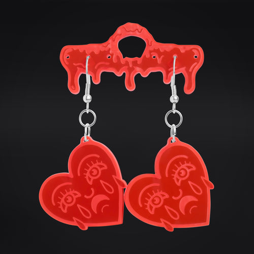 Red Acrylic Traditional Crying Heart Tattoo Earring Hangers (Pair)